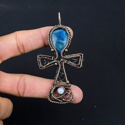 Neon Blue Apatite Gemstone Ankh Pendant
