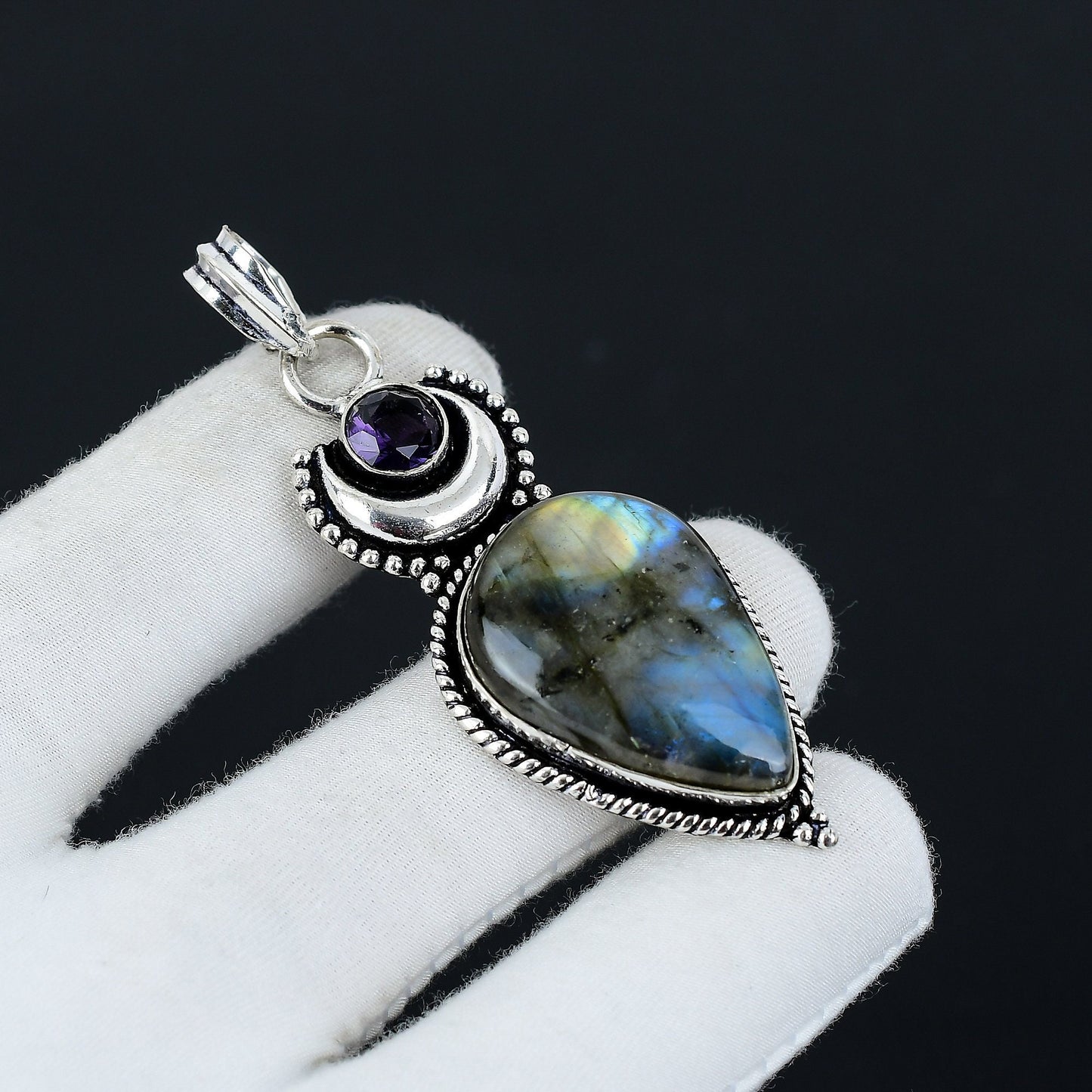Purple Amethyst and Blue Labradorite Gemstone Pendant