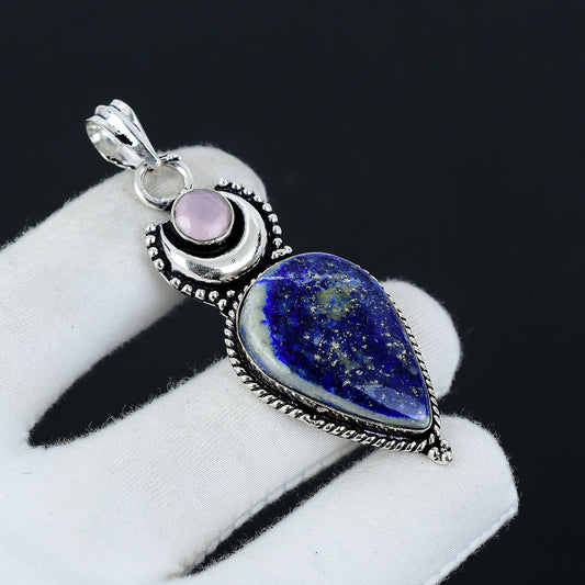 Blue Lapis Lazuli & Pink Rose Quartz Gemstone Pendant