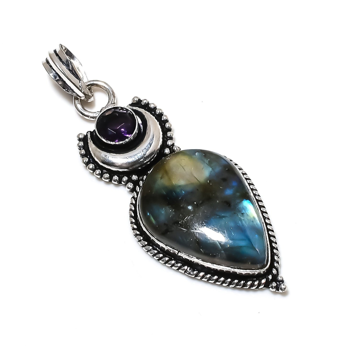Purple Amethyst and Blue Labradorite Gemstone Pendant
