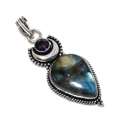 Purple Amethyst and Blue Labradorite Gemstone Pendant