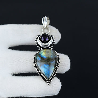 Purple Amethyst and Blue Labradorite Gemstone Pendant