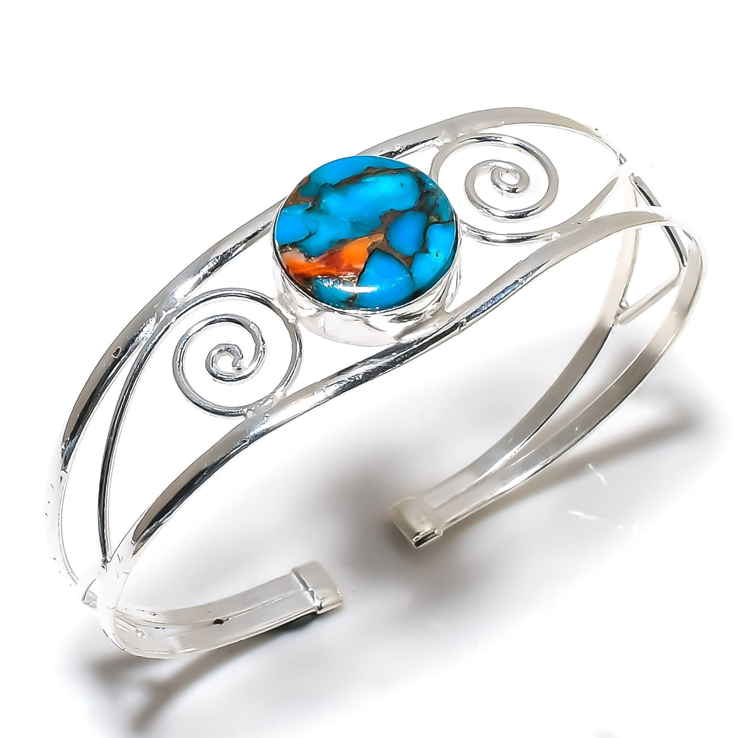 Orange Spiny Oyster Gemstone Silver Bracelet