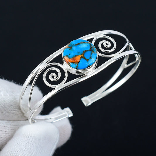 Orange Spiny Oyster Gemstone Silver Bracelet