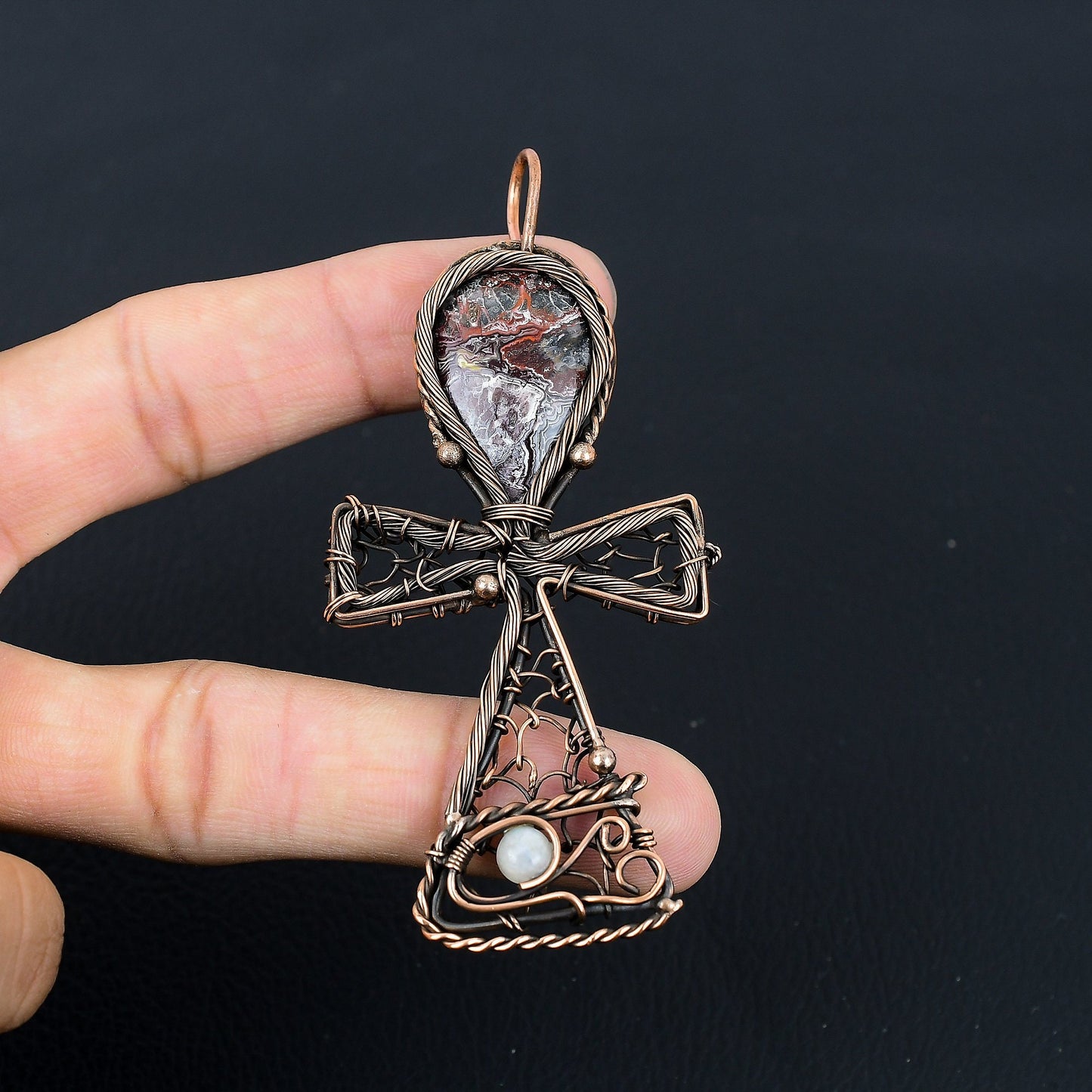Multicolor Crazy Lace Agate Gemstone Ankh Pendant