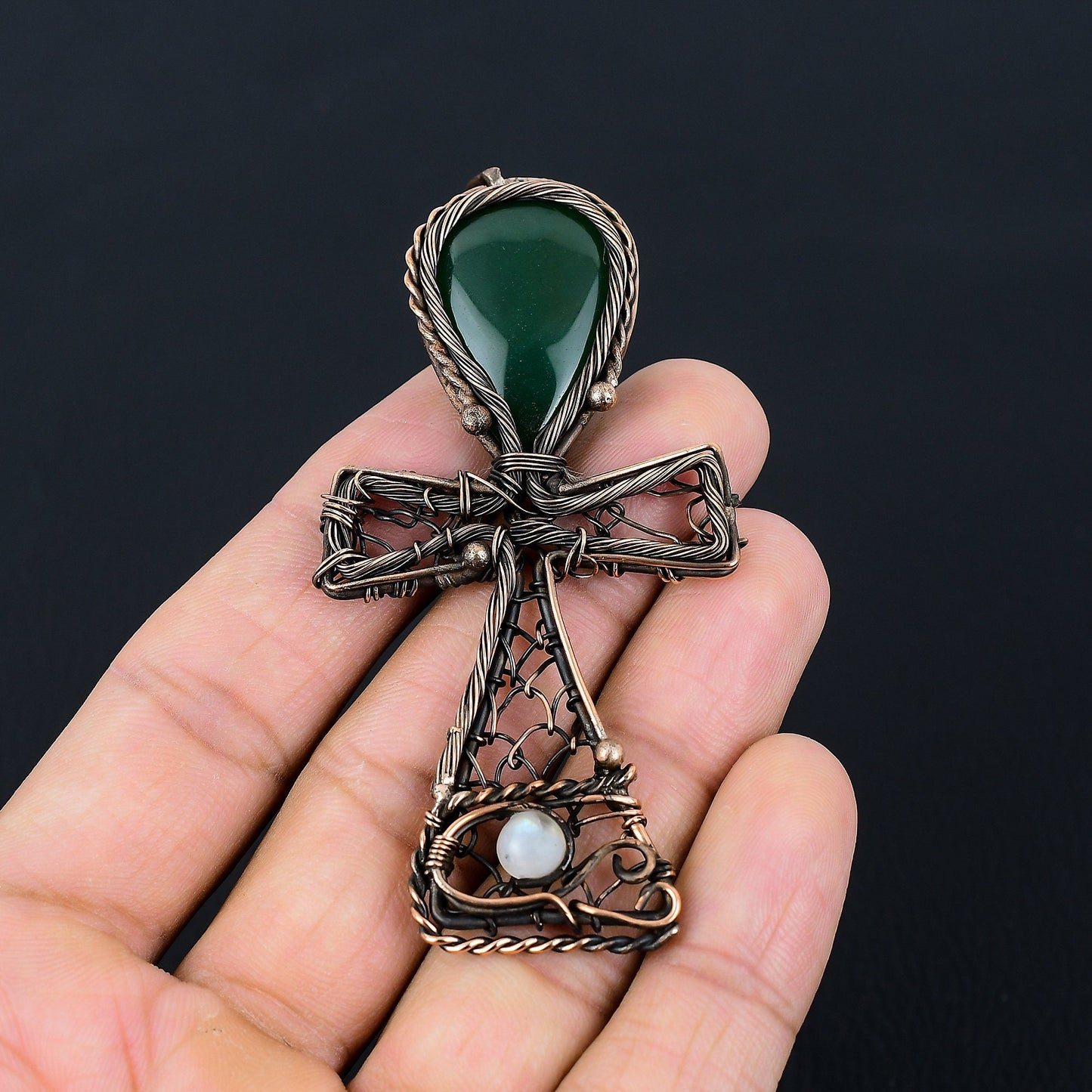 Green Jade Gemstone Ankh Pendant