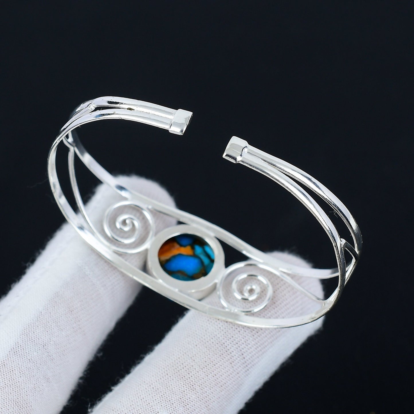 Orange Spiny Oyster Gemstone Silver Bracelet