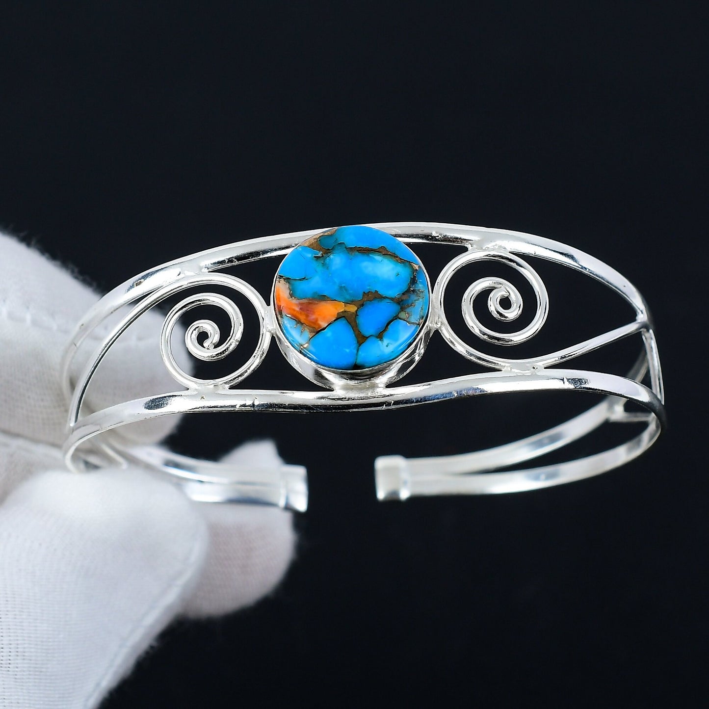 Orange Spiny Oyster Gemstone Silver Bracelet