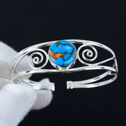 Orange Spiny Oyster Gemstone Silver Bracelet