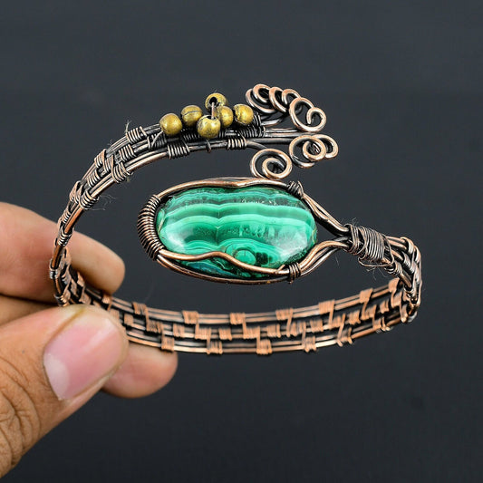 Malachite Green Gemstone Copper Cuff Bracelet