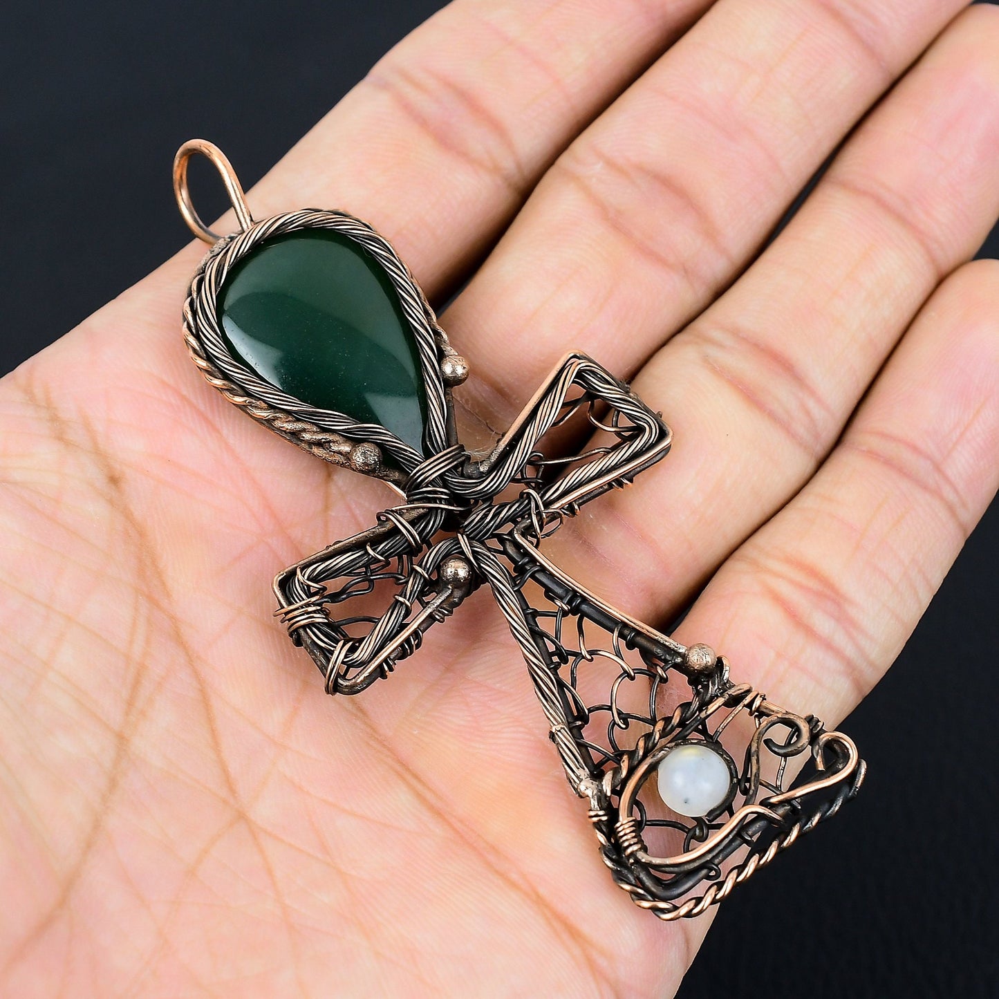 Green Jade Gemstone Ankh Pendant