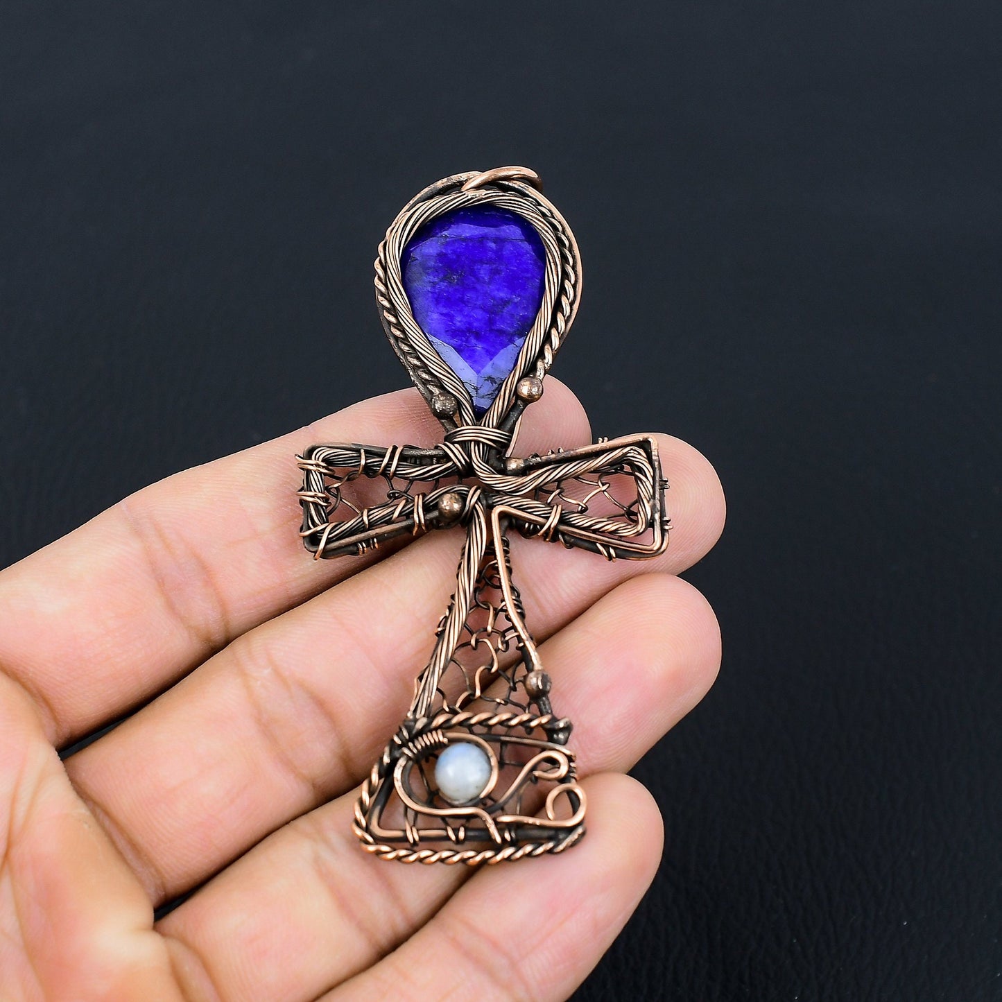 Blue Sapphire Gemstone Ankh Pendant