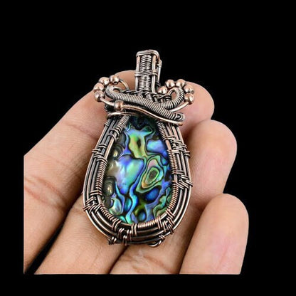 Iridescent Blue-Green Abalone Gemstone Copper Pendant