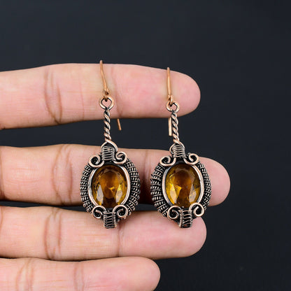 Yellow Citrine Gemstone Copper Earrings