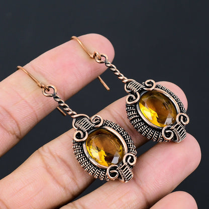 Yellow Citrine Gemstone Copper Earrings