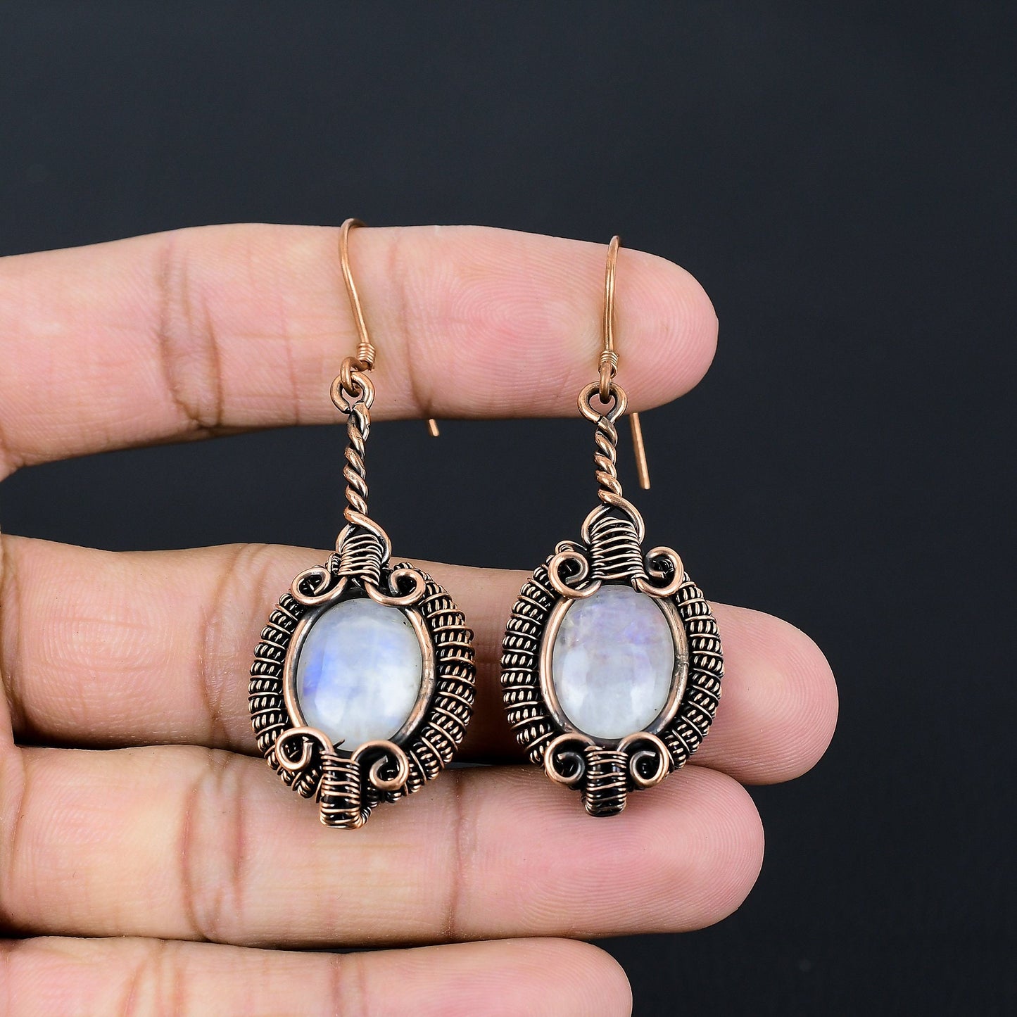 White Moonstone Gemstone Copper Dangle Earrings