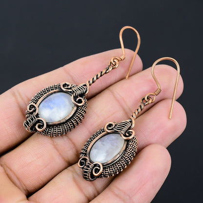 White Moonstone Gemstone Copper Dangle Earrings