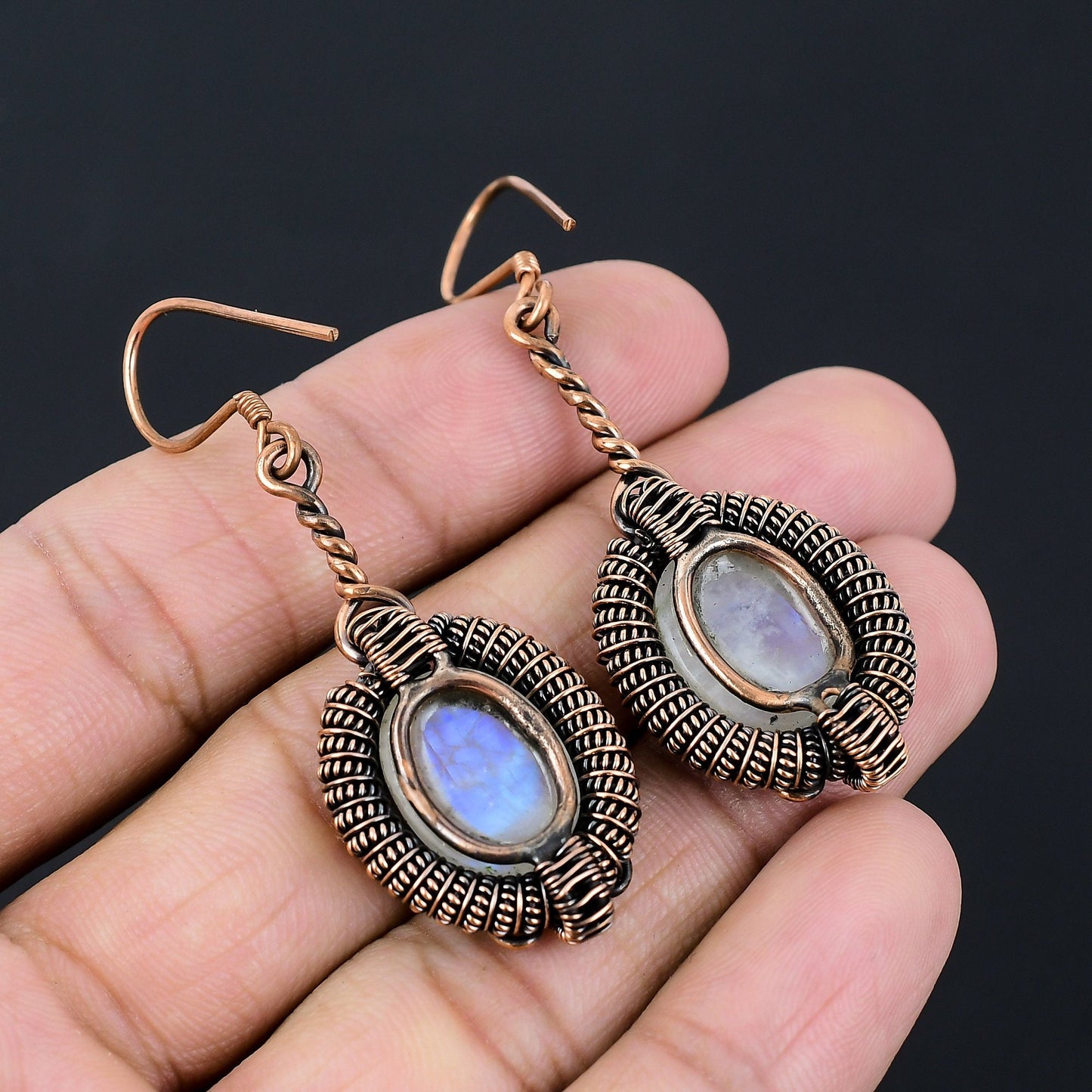 White Moonstone Gemstone Copper Dangle Earrings