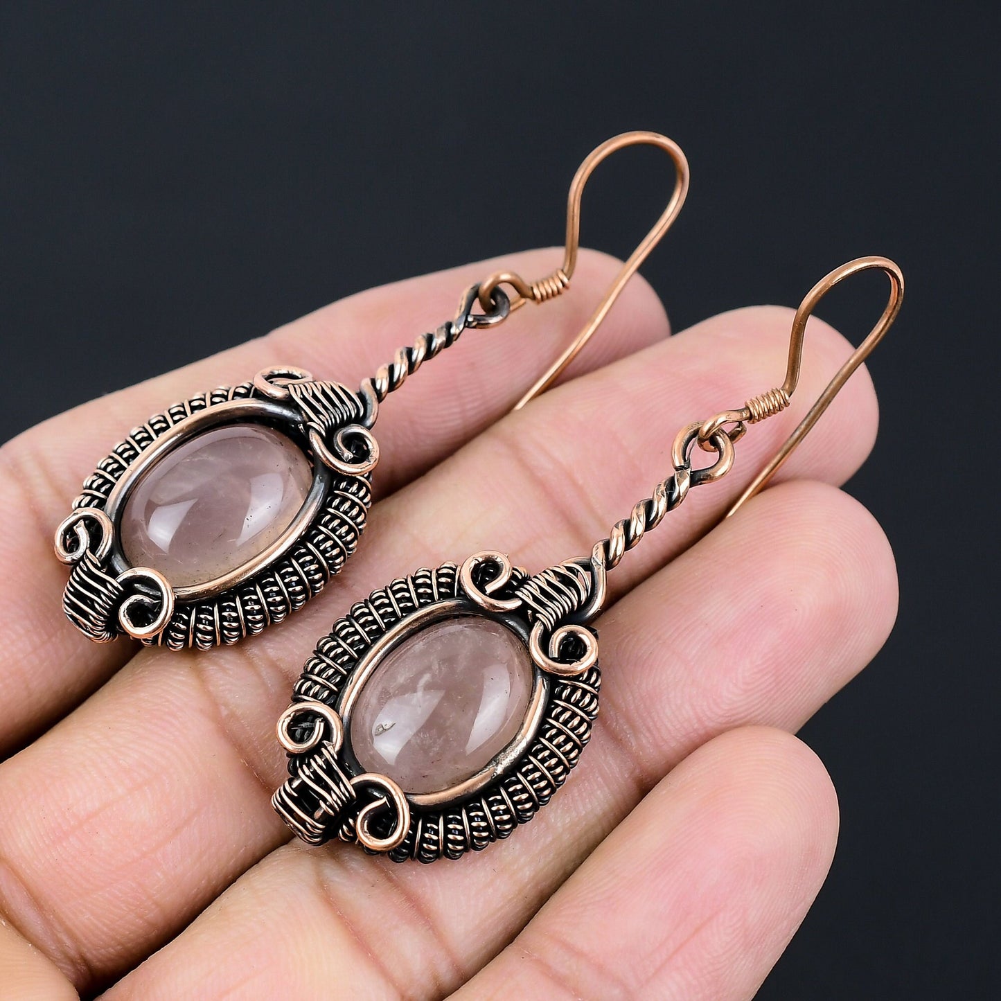Rose Quartz Gemstone Copper Dangle Earrings