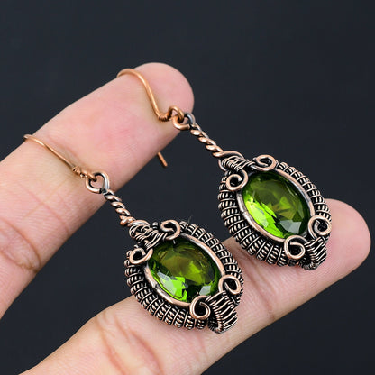 Green Peridot Gemstone Copper Dangle Earrings