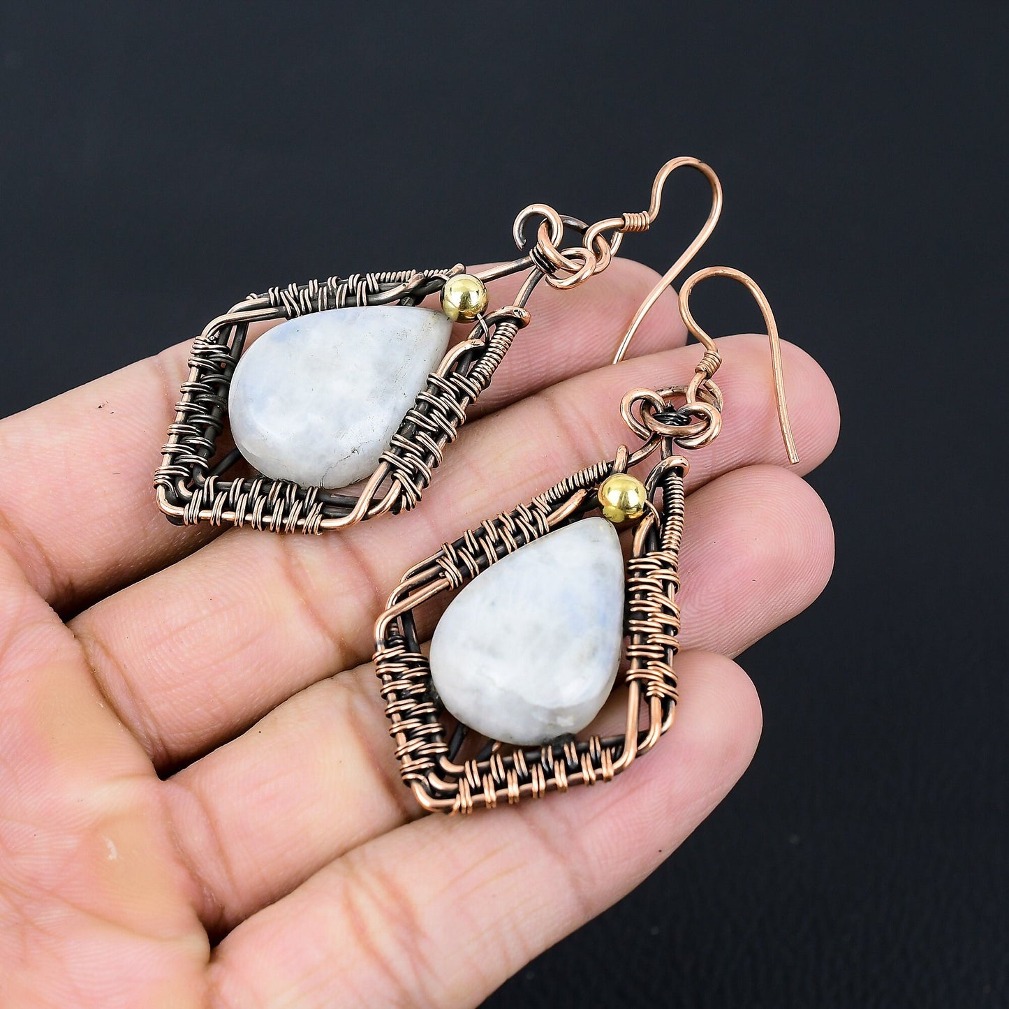White Moonstone Gemstone Copper Wire Wrapped Earrings