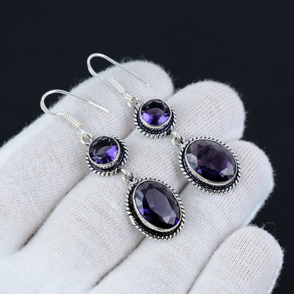 Purple Amethyst Gemstone Silver Earrings