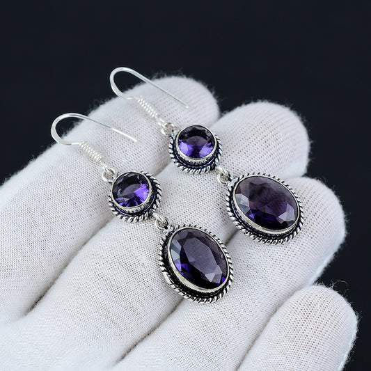 Purple Amethyst Gemstone Silver Earrings