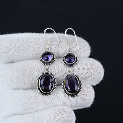 Purple Amethyst Gemstone Silver Earrings
