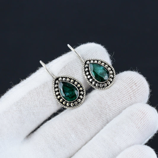 Green Emerald Gemstone 925 Sterling Silver Earrings