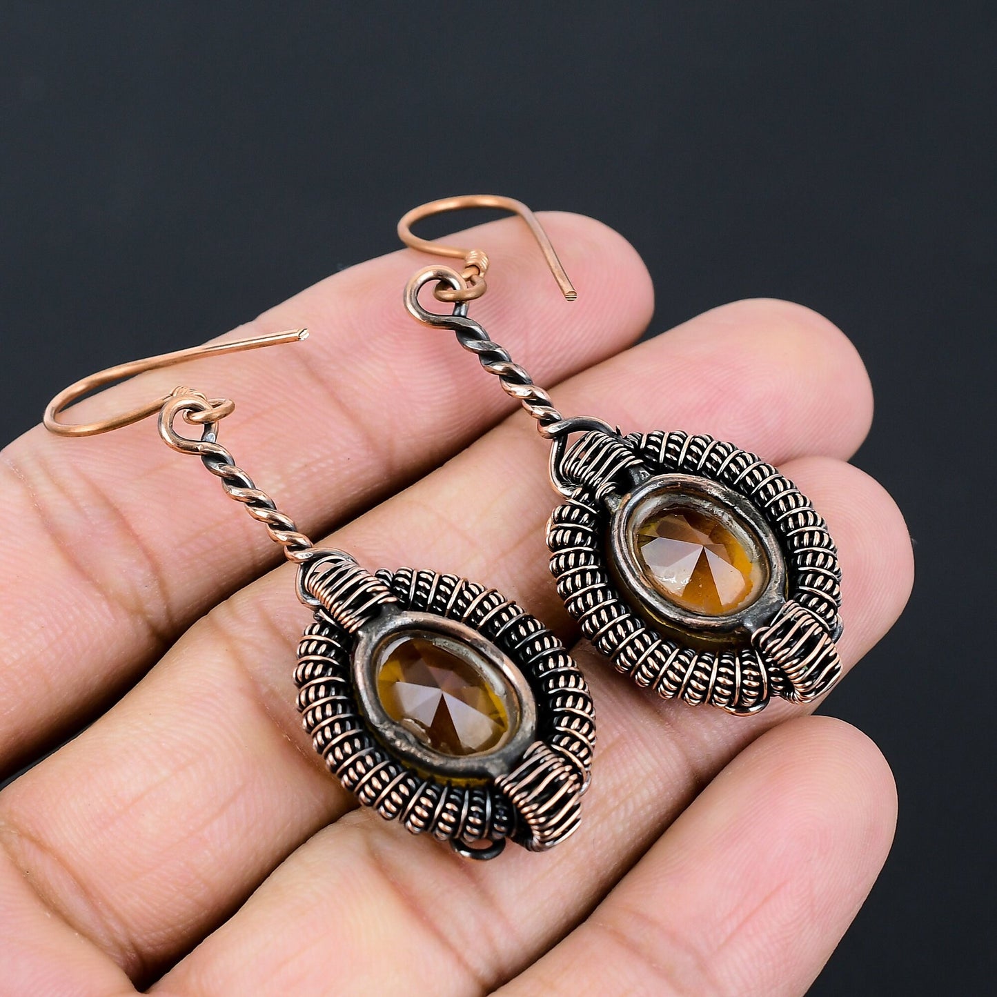 Yellow Citrine Gemstone Copper Earrings