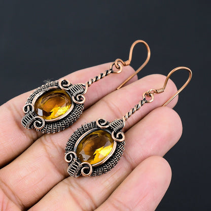 Yellow Citrine Gemstone Copper Earrings