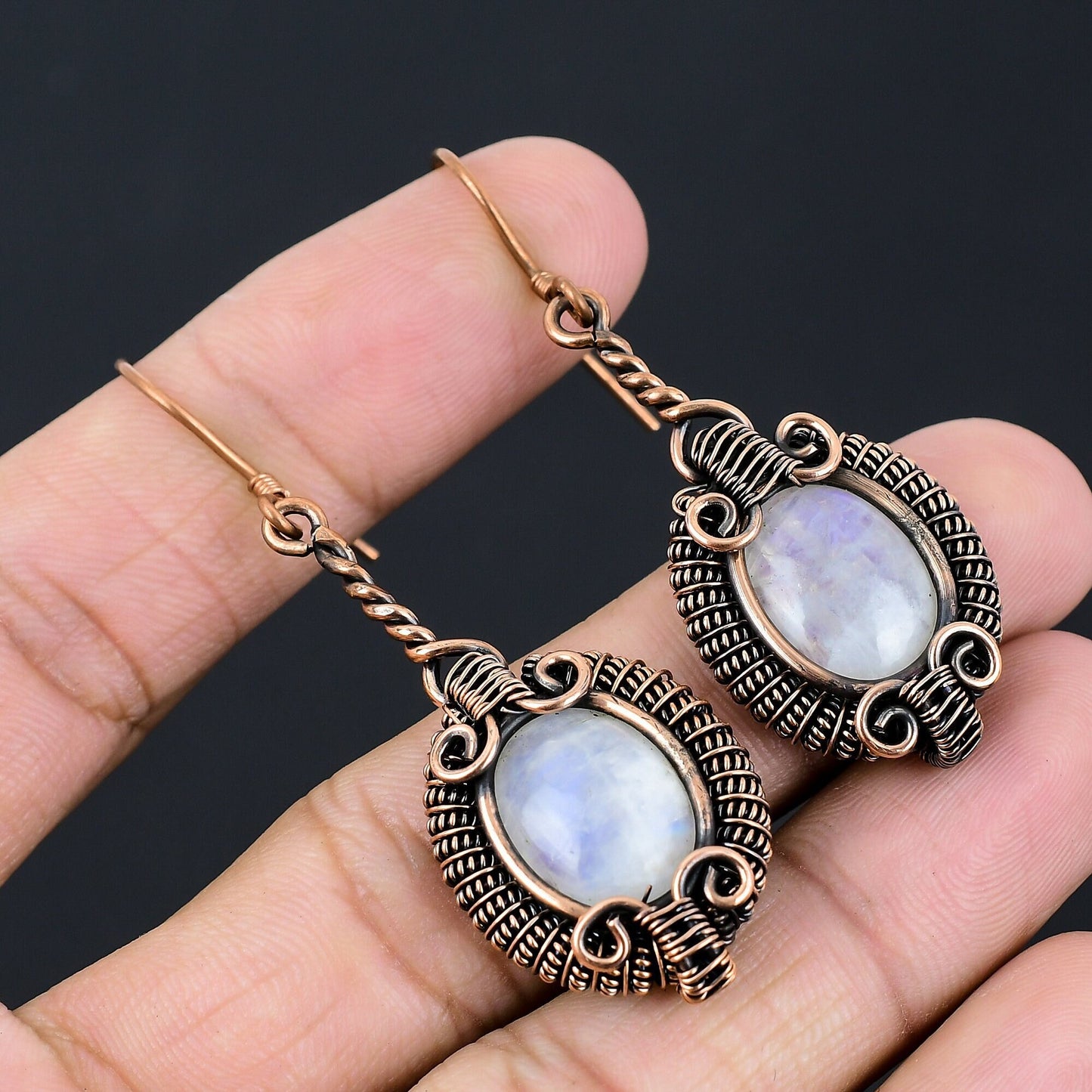 White Moonstone Gemstone Copper Dangle Earrings