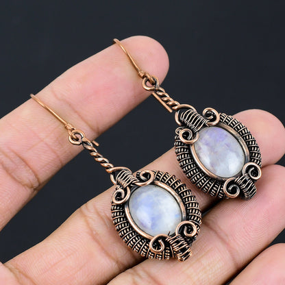 White Moonstone Gemstone Copper Dangle Earrings