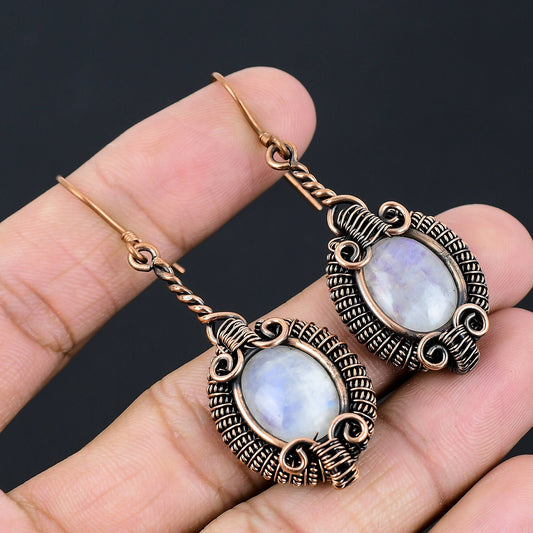 White Moonstone Gemstone Copper Dangle Earrings