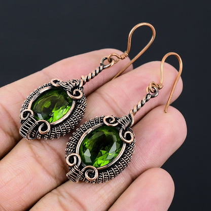Green Peridot Gemstone Copper Dangle Earrings