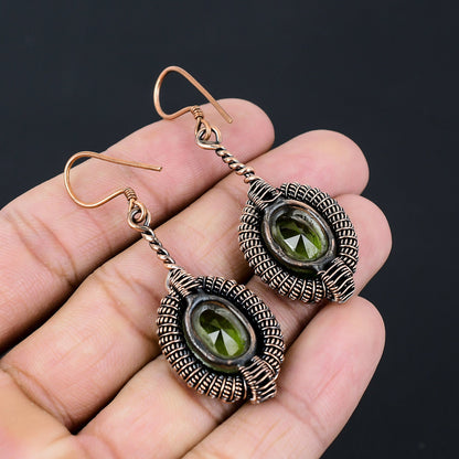 Green Peridot Gemstone Copper Dangle Earrings