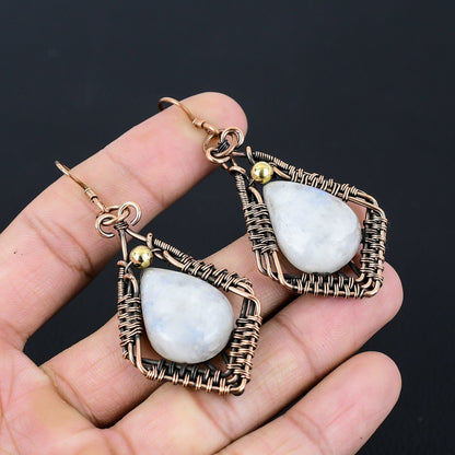White Moonstone Gemstone Copper Wire Wrapped Earrings
