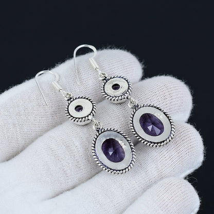 Purple Amethyst Gemstone Silver Earrings