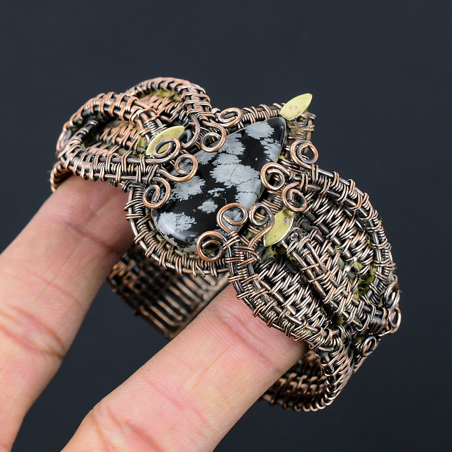 Black Snowflake Obsidian Gemstone Copper Cuff