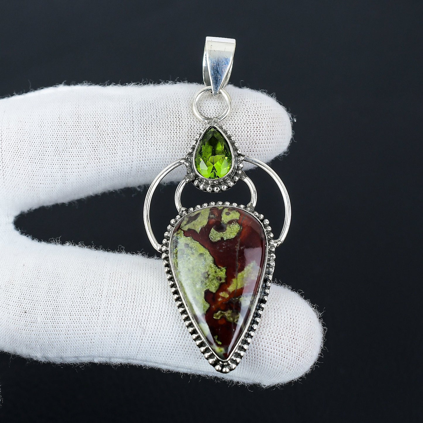 Red-Green Dragon Blood Jasper & Peridot Gemstone Pendant