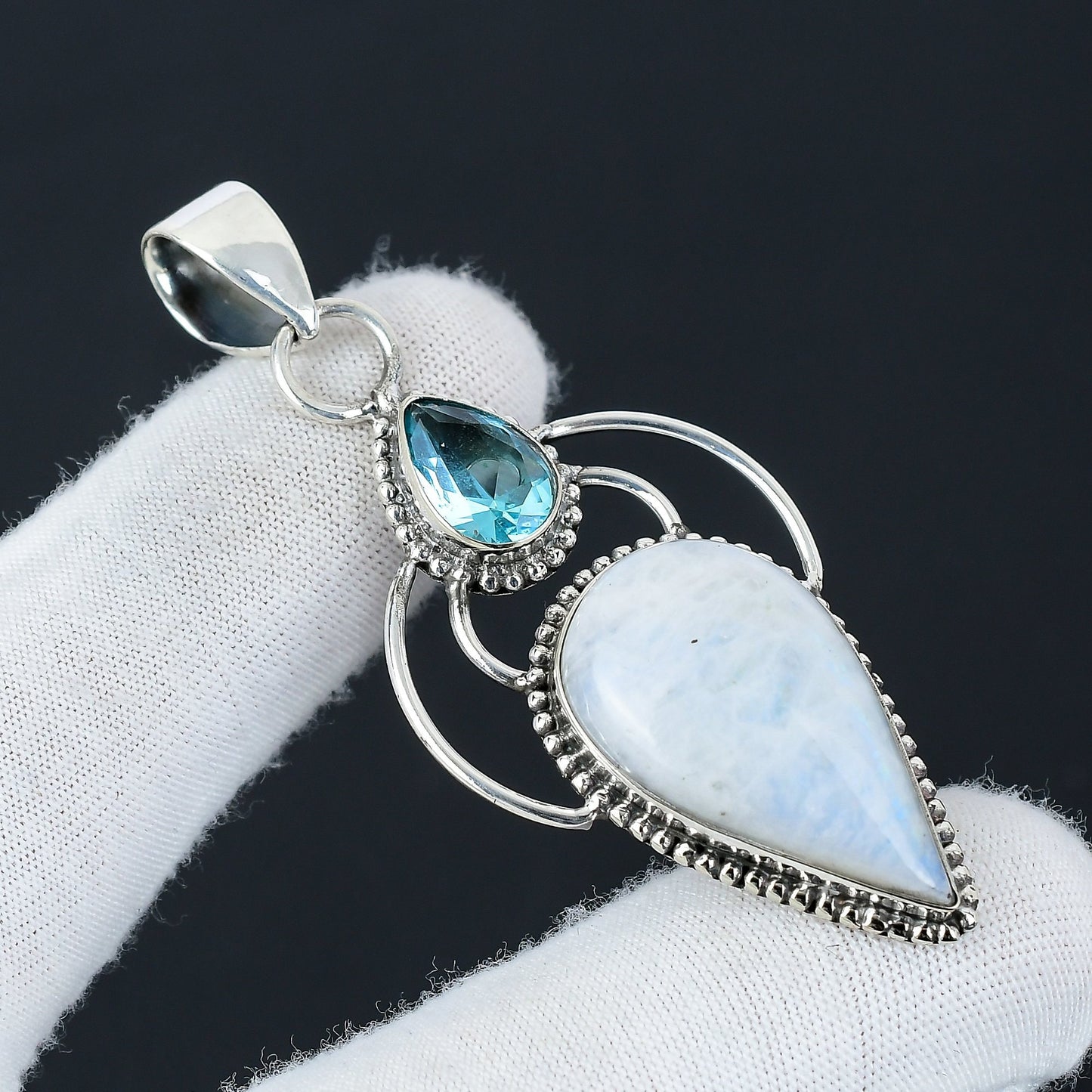 Rainbow Moonstone & Blue Topaz Silver Pendant