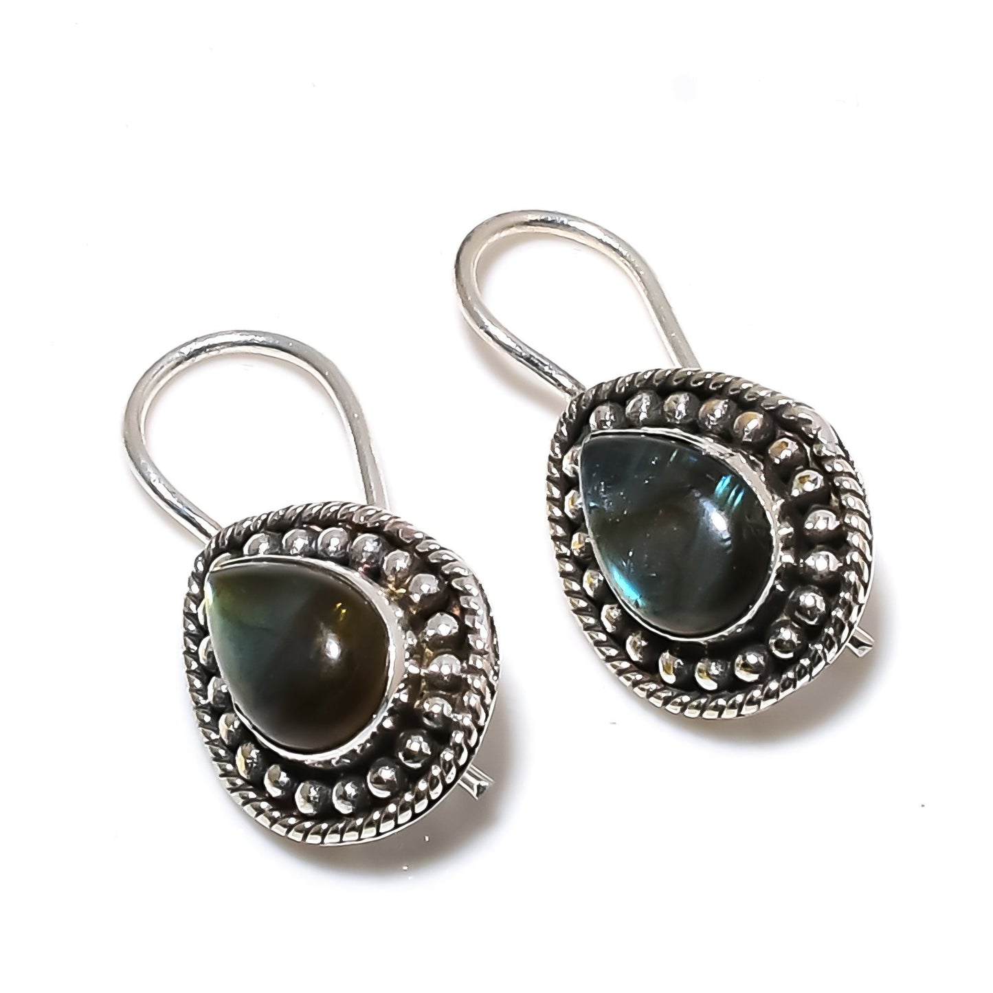 Blue-Green Labradorite Gemstone Sterling Silver Earrings