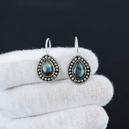 Blue-Green Labradorite Gemstone Sterling Silver Earrings