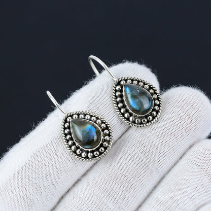 Blue-Green Labradorite Gemstone Sterling Silver Earrings