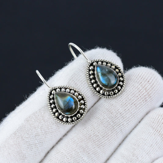 Blue-Green Labradorite Gemstone Sterling Silver Earrings