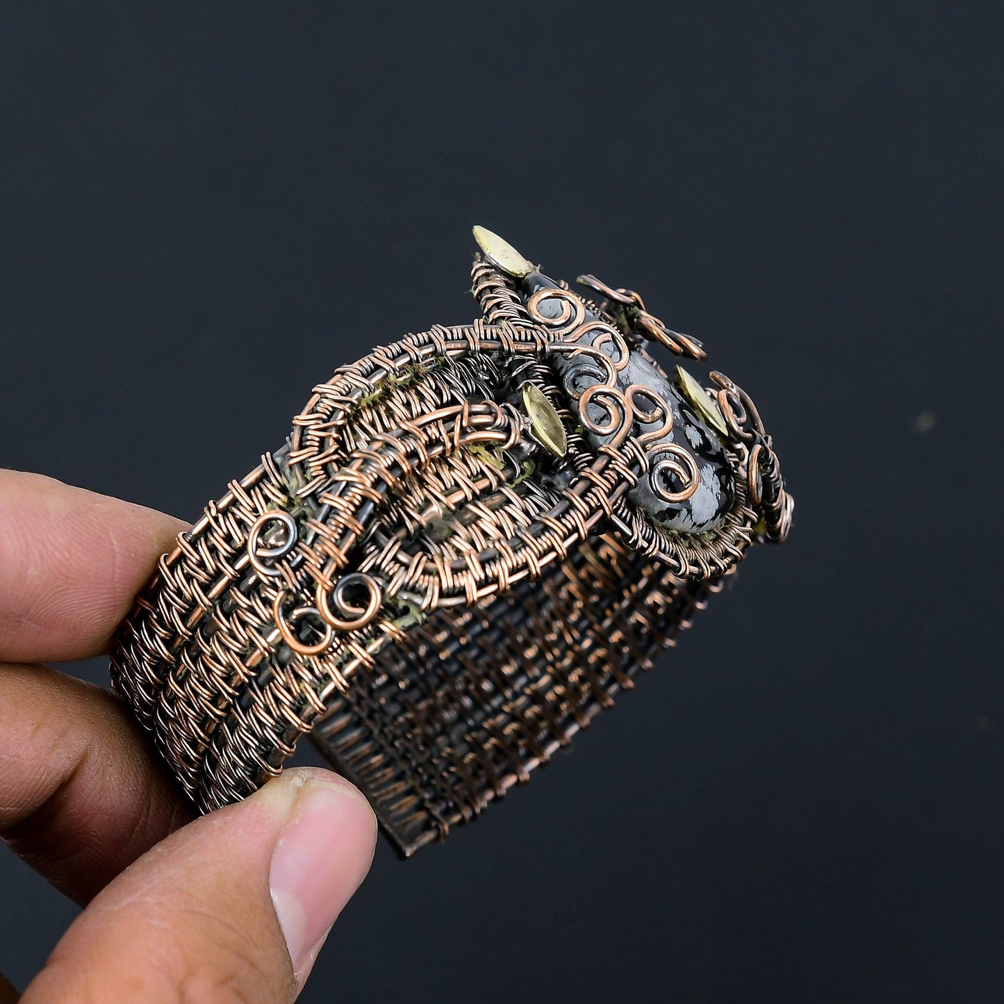 Black Snowflake Obsidian Gemstone Copper Cuff