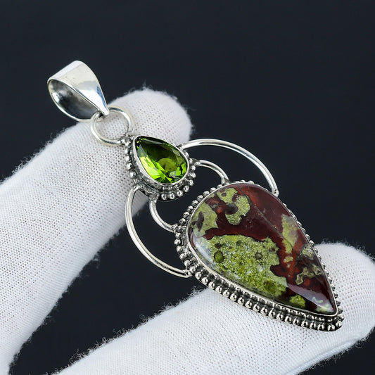 Red-Green Dragon Blood Jasper & Peridot Gemstone Pendant