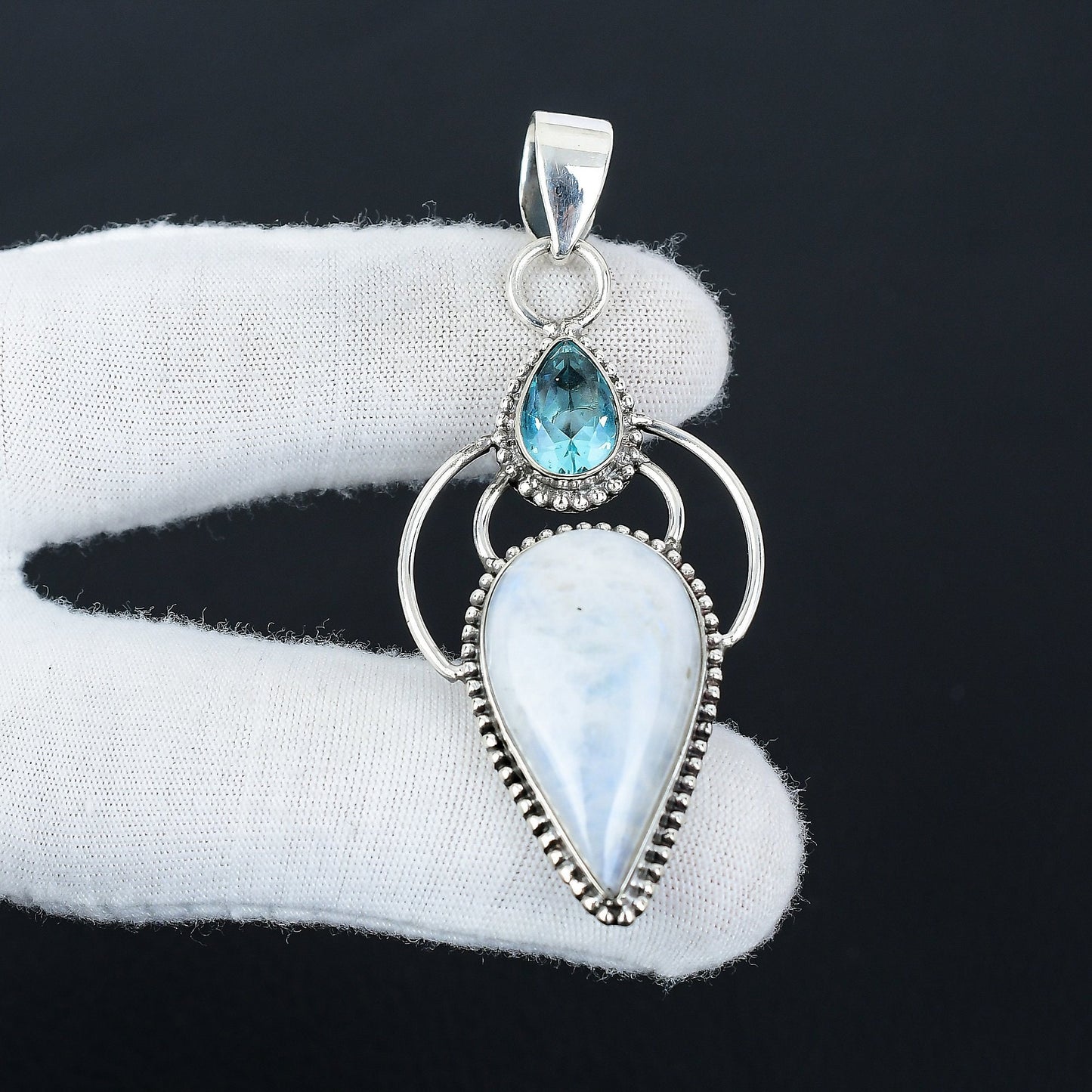 Rainbow Moonstone & Blue Topaz Silver Pendant