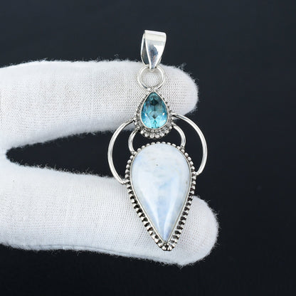 Rainbow Moonstone & Blue Topaz Silver Pendant