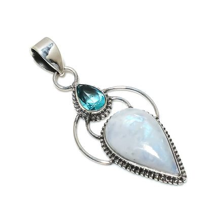Rainbow Moonstone & Blue Topaz Silver Pendant